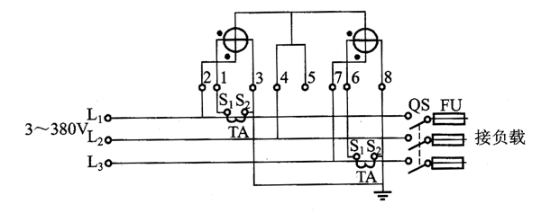 DS型三相三線有功電能表配電流互感器的接線原理圖